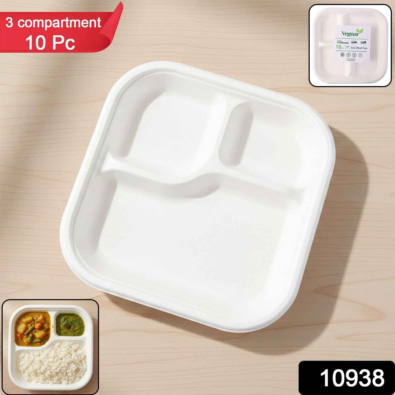 Compostable Bagasse 3-Compartment Meal Plate – Eco-Friendly & Sturdy