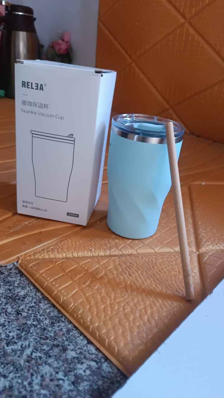 Insulated Coffee Mug – Stainless Steel Tumbler with Wooden Straw 350ml