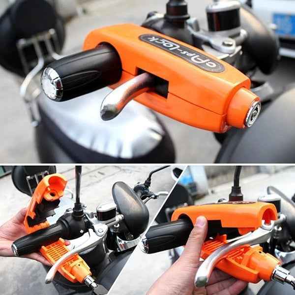 Heavy-duty bike brake lock securely attached to a motorcycle handlebar.