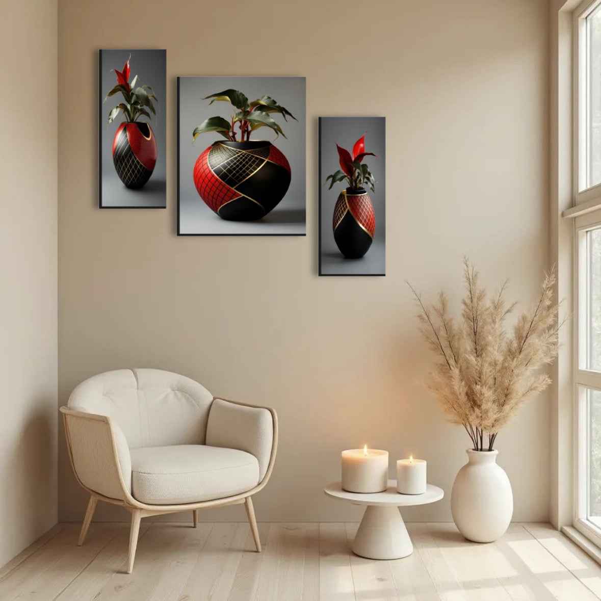 Flower Vase Wall Art Ð Vibrant Floral 3-Panel MDF Frame