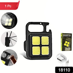 The black LED keychain light with four bright yellow squares, shown with feature insets, a product box, and a red banner