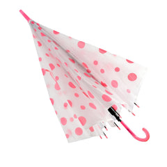 A partially closed white umbrella with pink polka dots and a pink curved handle is shown against a white background.