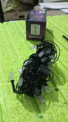The LED string light product packaging displaying key features.