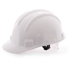 Worker wearing a bright yellow construction safety helmet on an active building site, demonstrating real-world use.