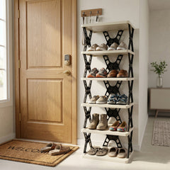 Space saving foldable storage shelf unit in living room or utility area