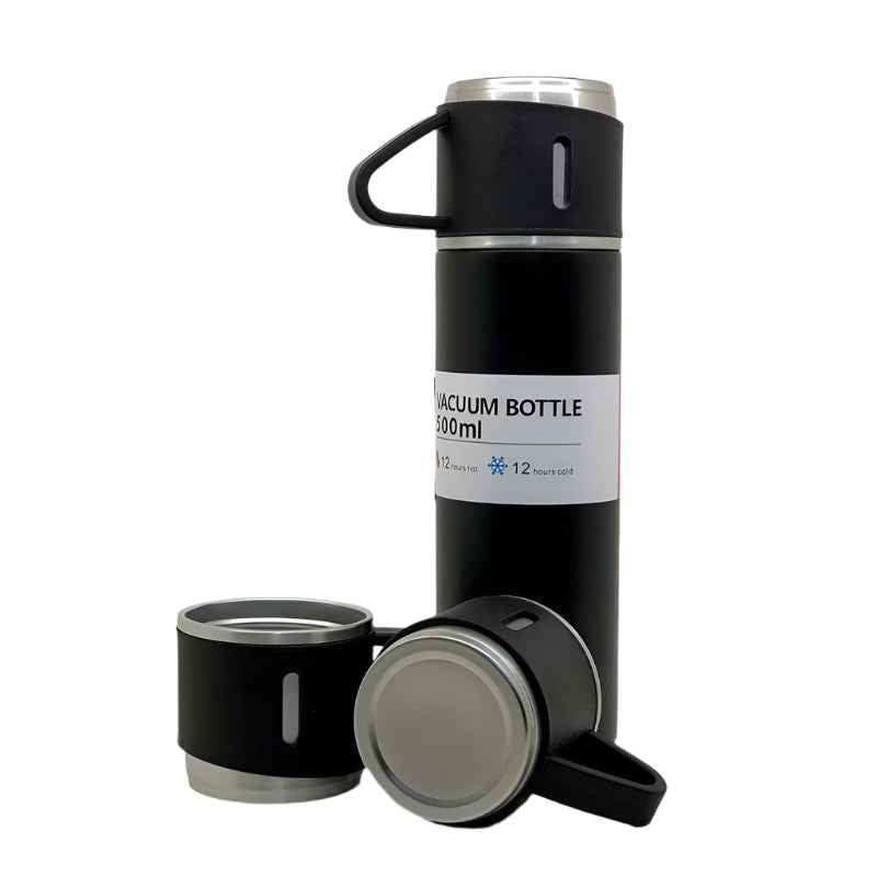 The complete 500ml hot cold drink bottle set with three steel cups on a clean background.