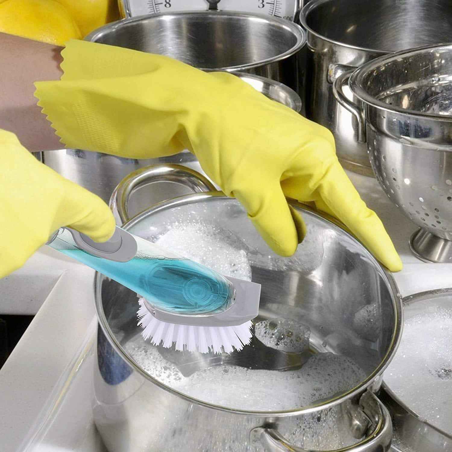Liquid Dispenser Dish Brush – Built-in Scraper & Soap | SparkleTidy