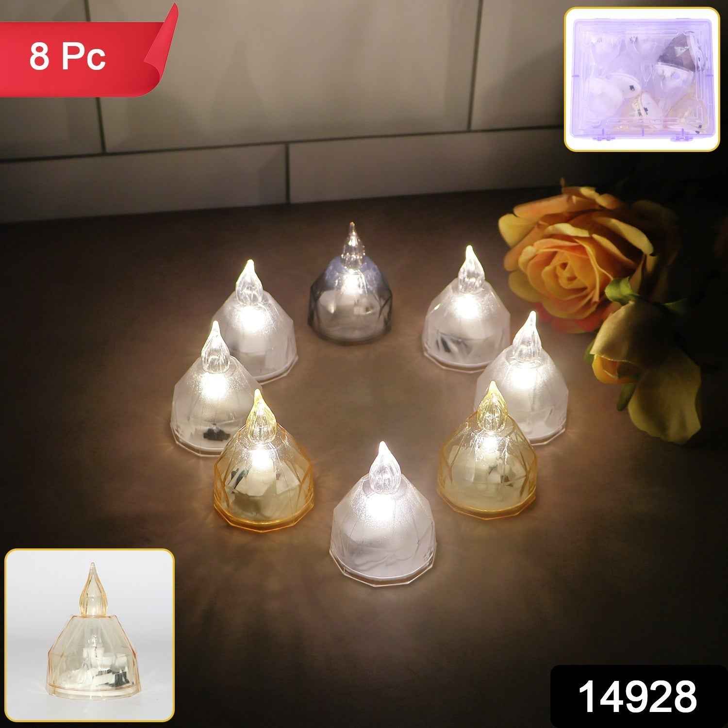 LED Flameless Decorative Diyas – Set of 8 Crystal-Style Lights