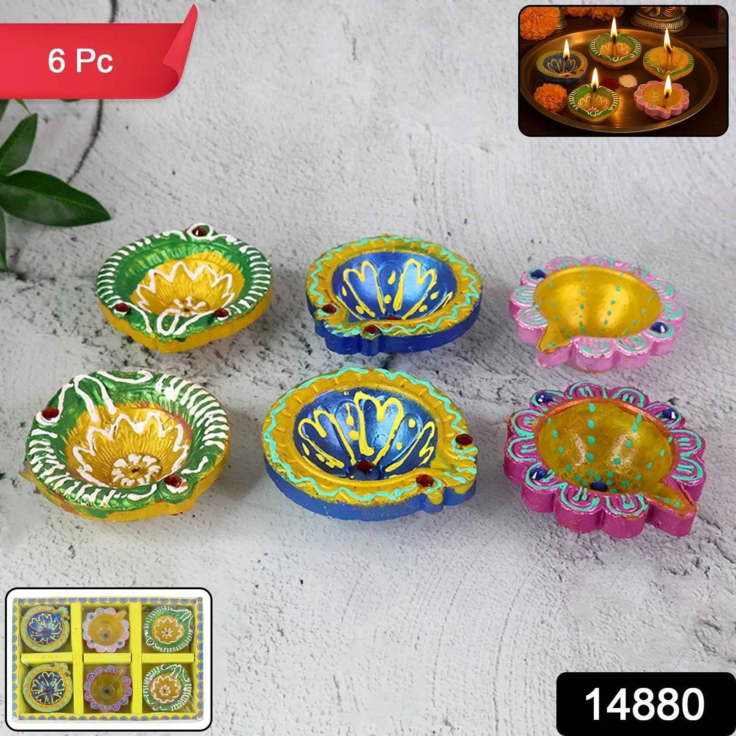 Clay Diya Set – Hand-Painted, Multicolor Decorative Lamps (6 Pc)
