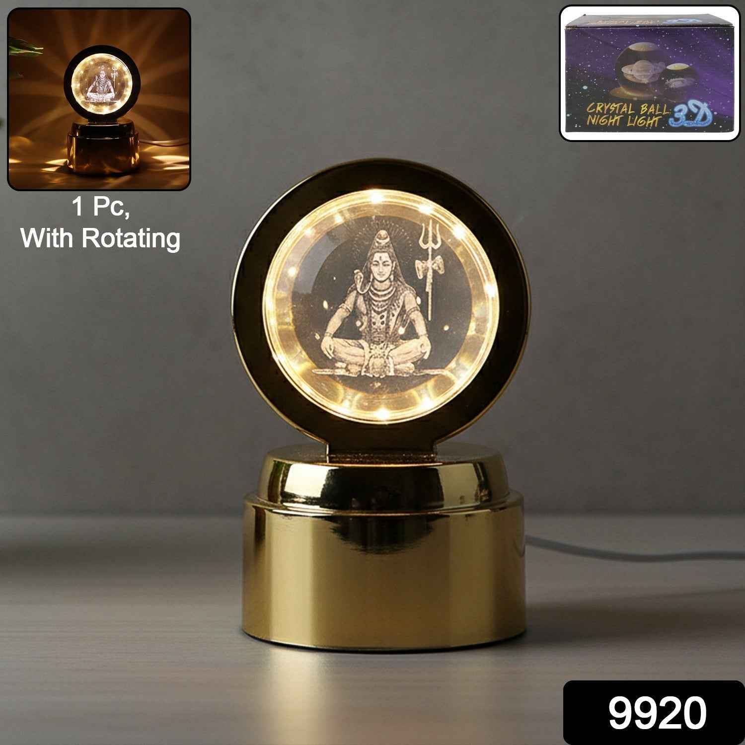 Mahadev 3D Crystal Ball Night Light – Rotating LED Decorative Lamp