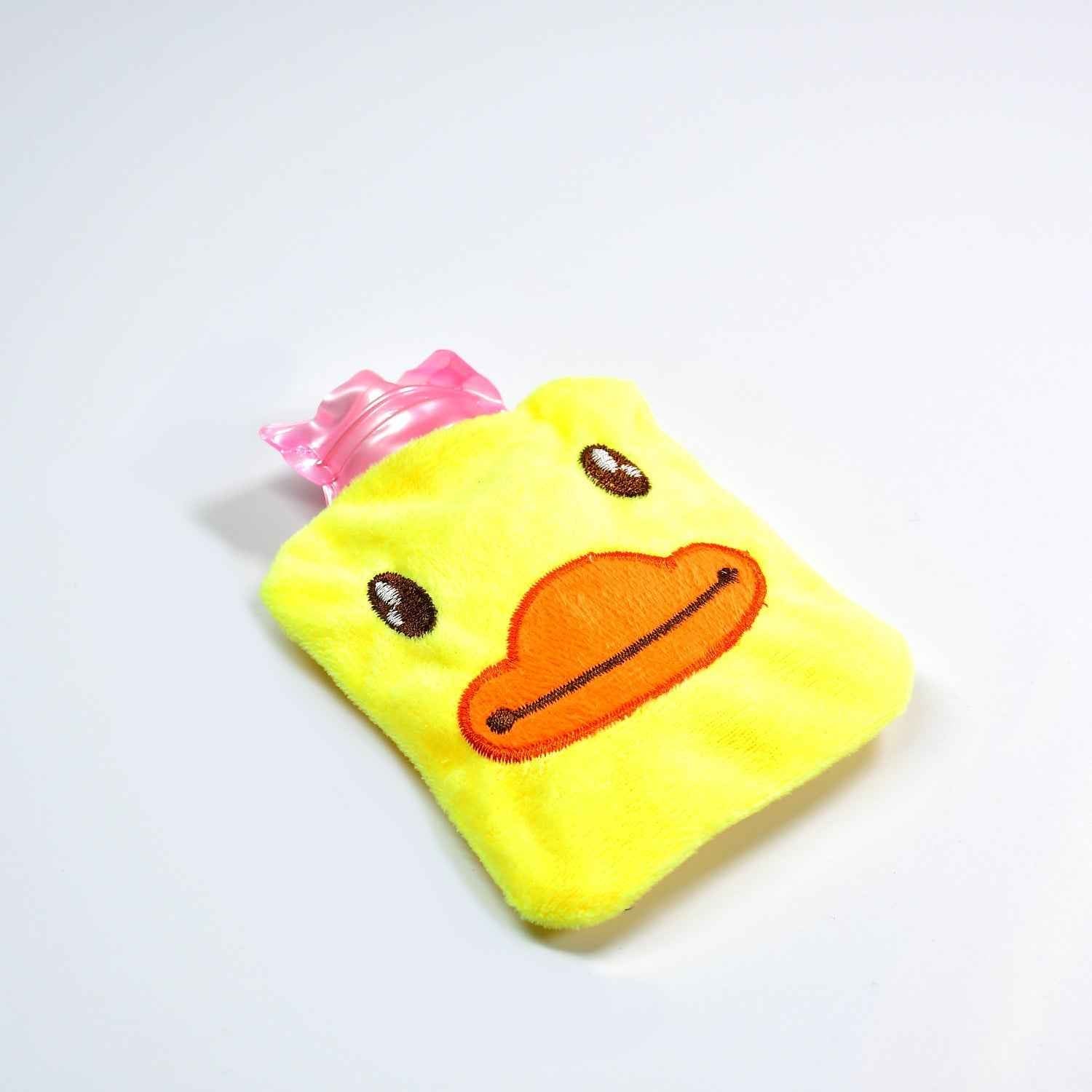 Close-up of the fabric cover on the yellow duck hot water bag.