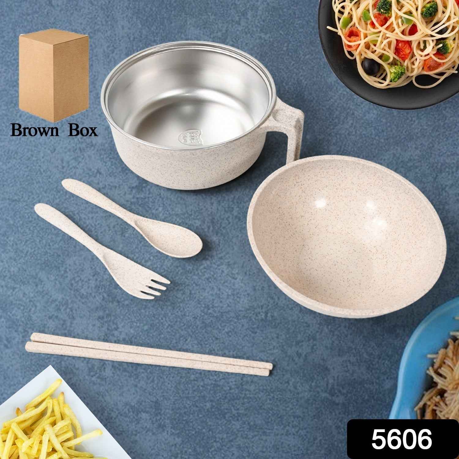 Wheat Straw Rice Bowl Set – 6 Pcs, Lid & Cutlery | Jiaqi
