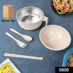 Wheat Straw Rice Bowl Set – 6 Pcs, Lid & Cutlery | Jiaqi