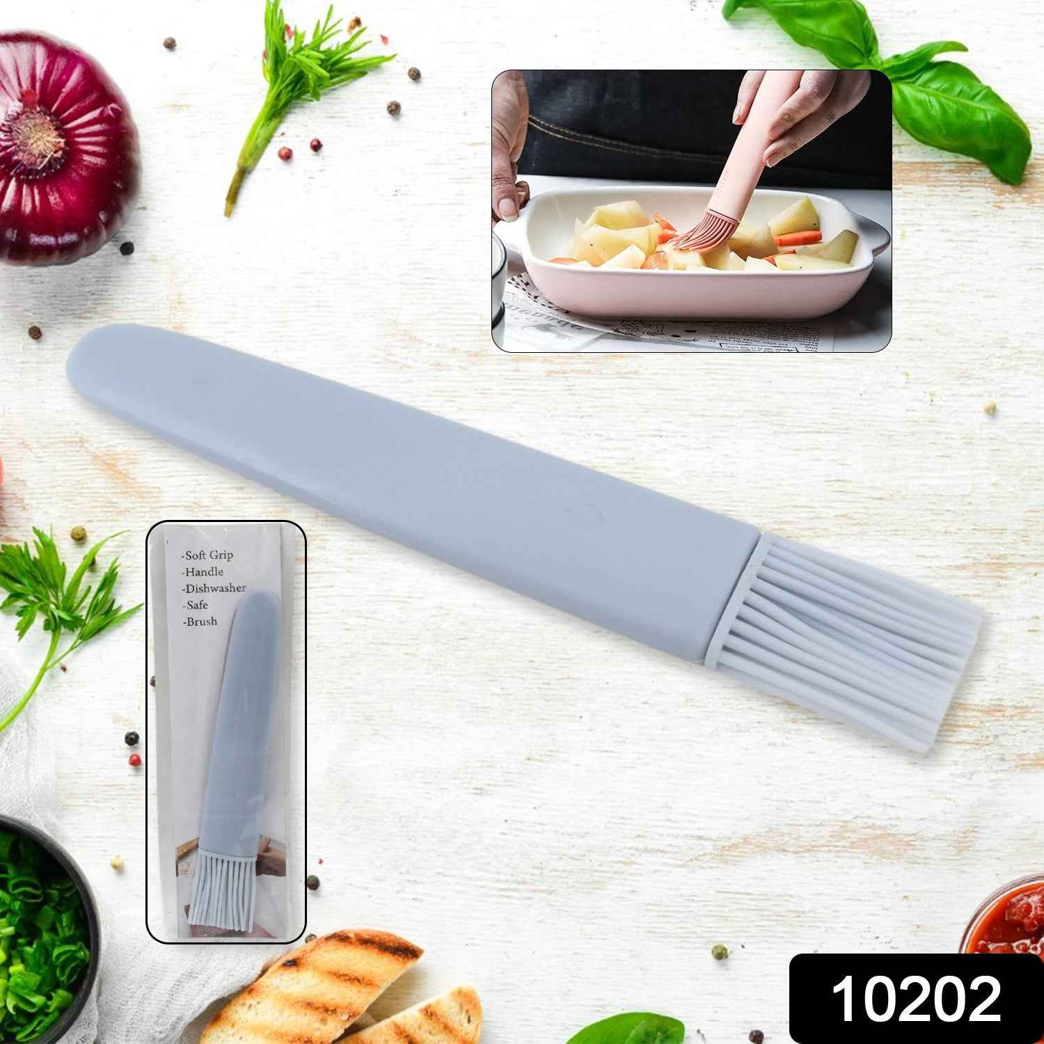 Silicone basting brush applying BBQ sauce to food on a grill.