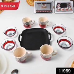 Display of ceramic cups and glass bowls for serving snacks and beverages