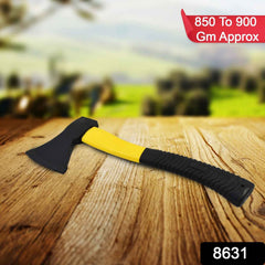 Close-up of the hatchet axe's sharpened steel head and ergonomic grip.
