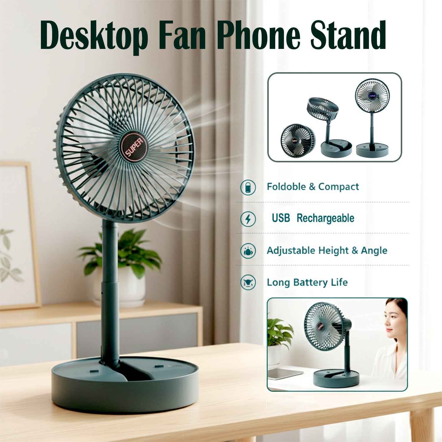 Rechargeable Desktop Table Fan – Portable Cooling With Phone Holder