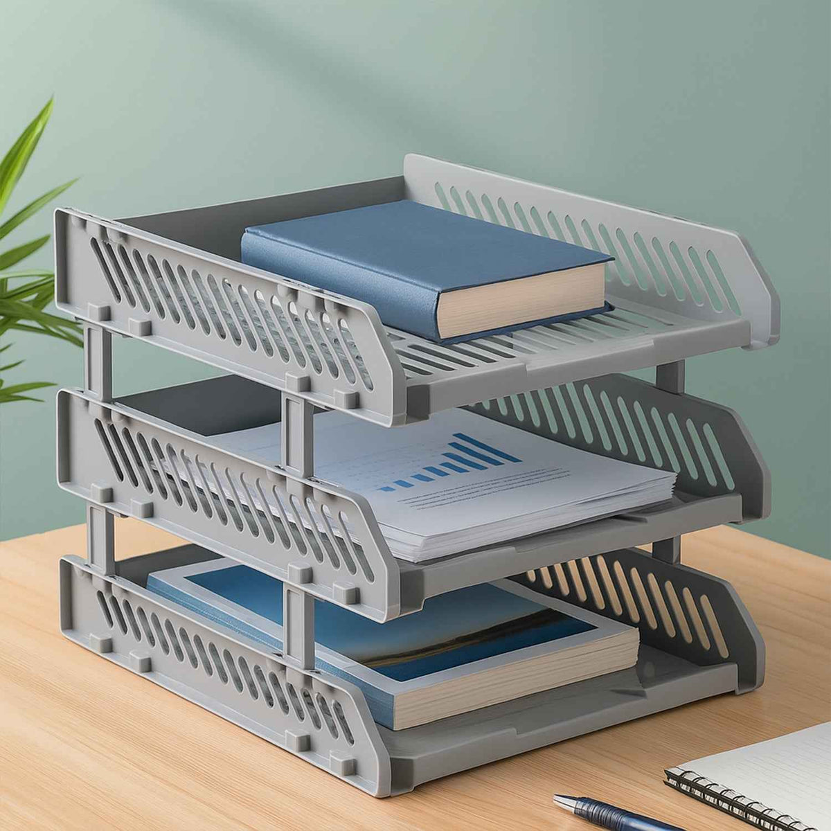 Multifunctional desktop file rack with four layers for office storage.