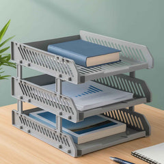 Multifunctional desktop file rack with four layers for office storage.