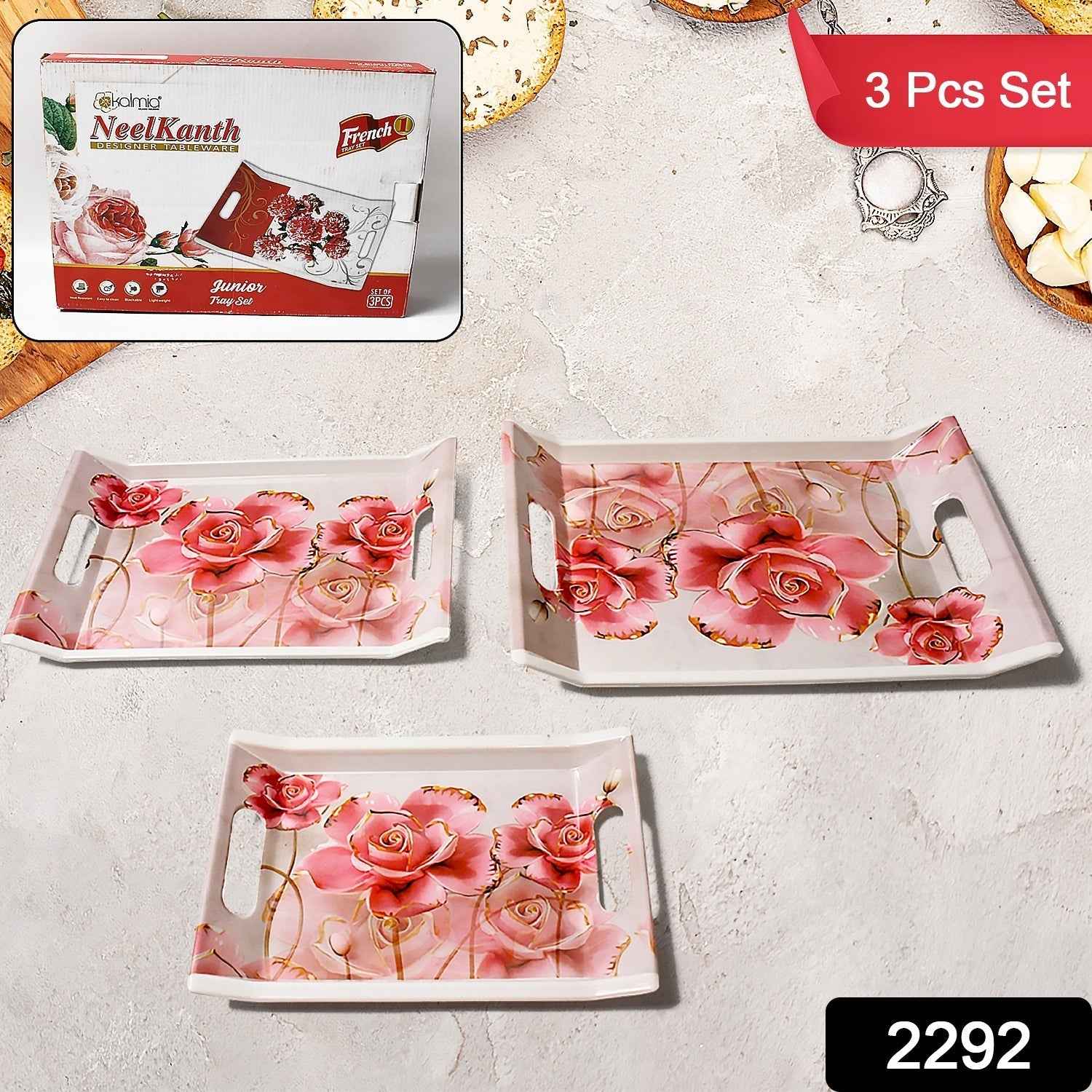Plastic Serving Tray Set – 3 Pc Rectangular Printed | Styleva