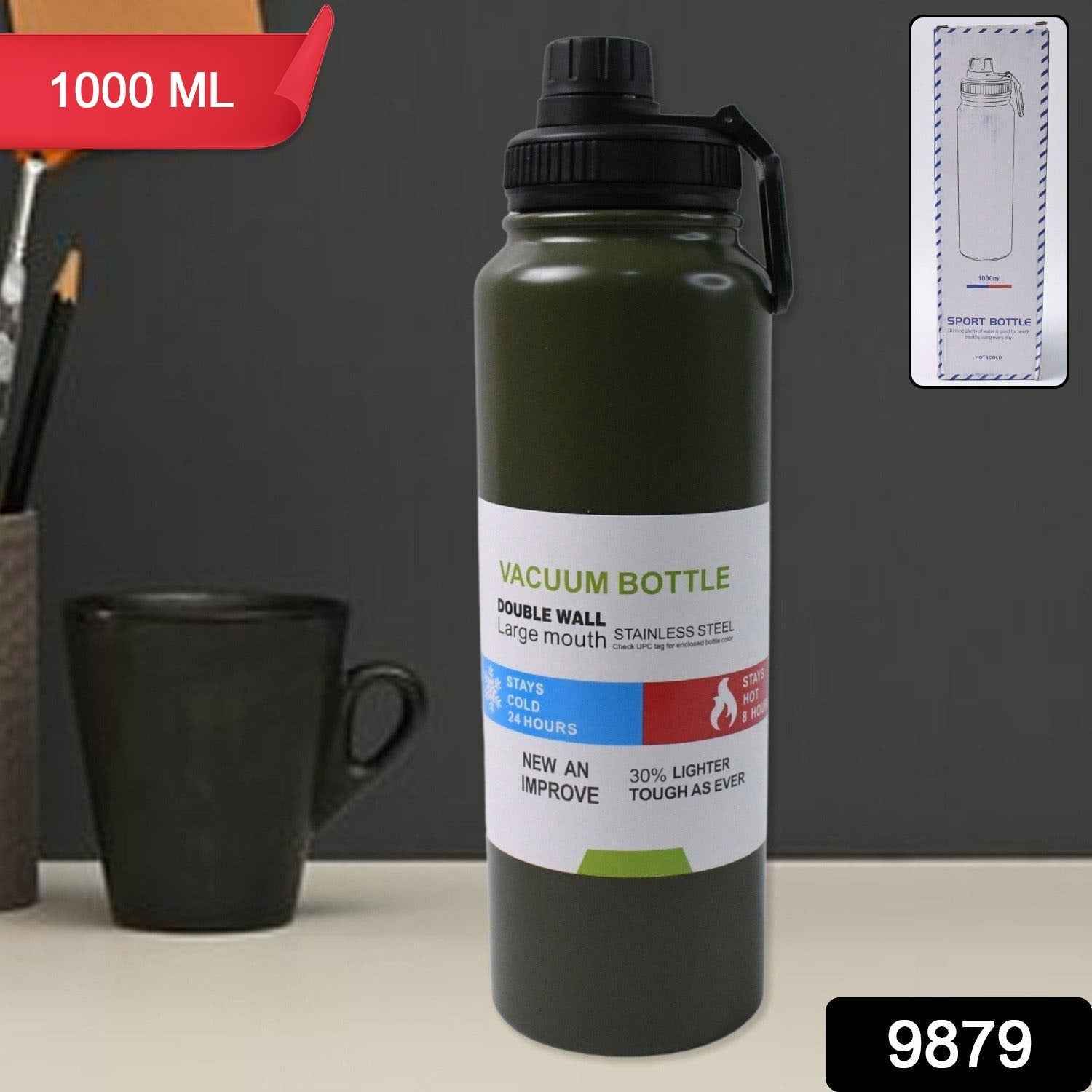 Close-up showing leak-proof cap of insulated stainless steel water bottle