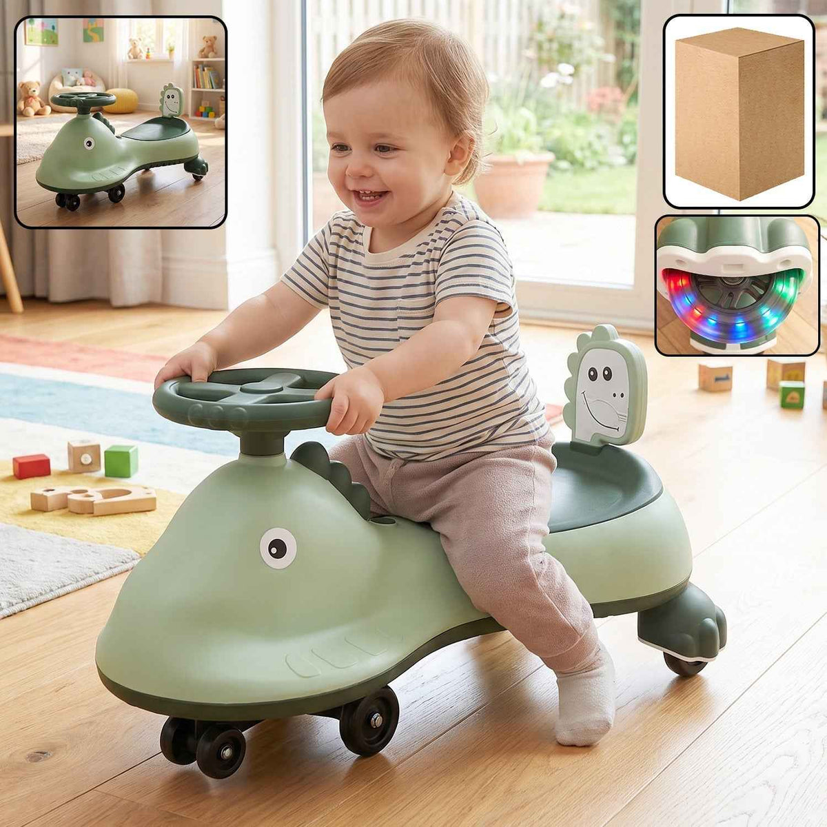 Kids Dinosaur Swing Car Ride On Toy with Music and Steering Wheel (1 Pc)