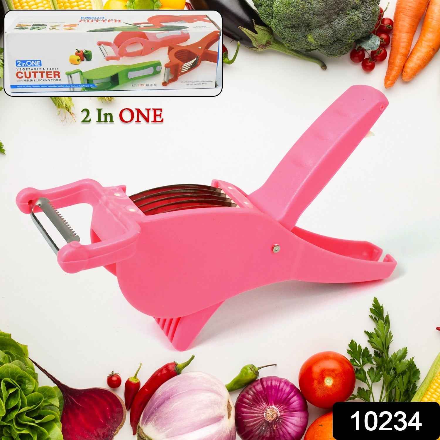 Close-up of the versatile vegetable multi-cutter with sharp stainless steel blades.
