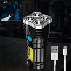 A black and silver flashlight with a yellow COB light and four main LEDs, with a man and woman using one in the inset.