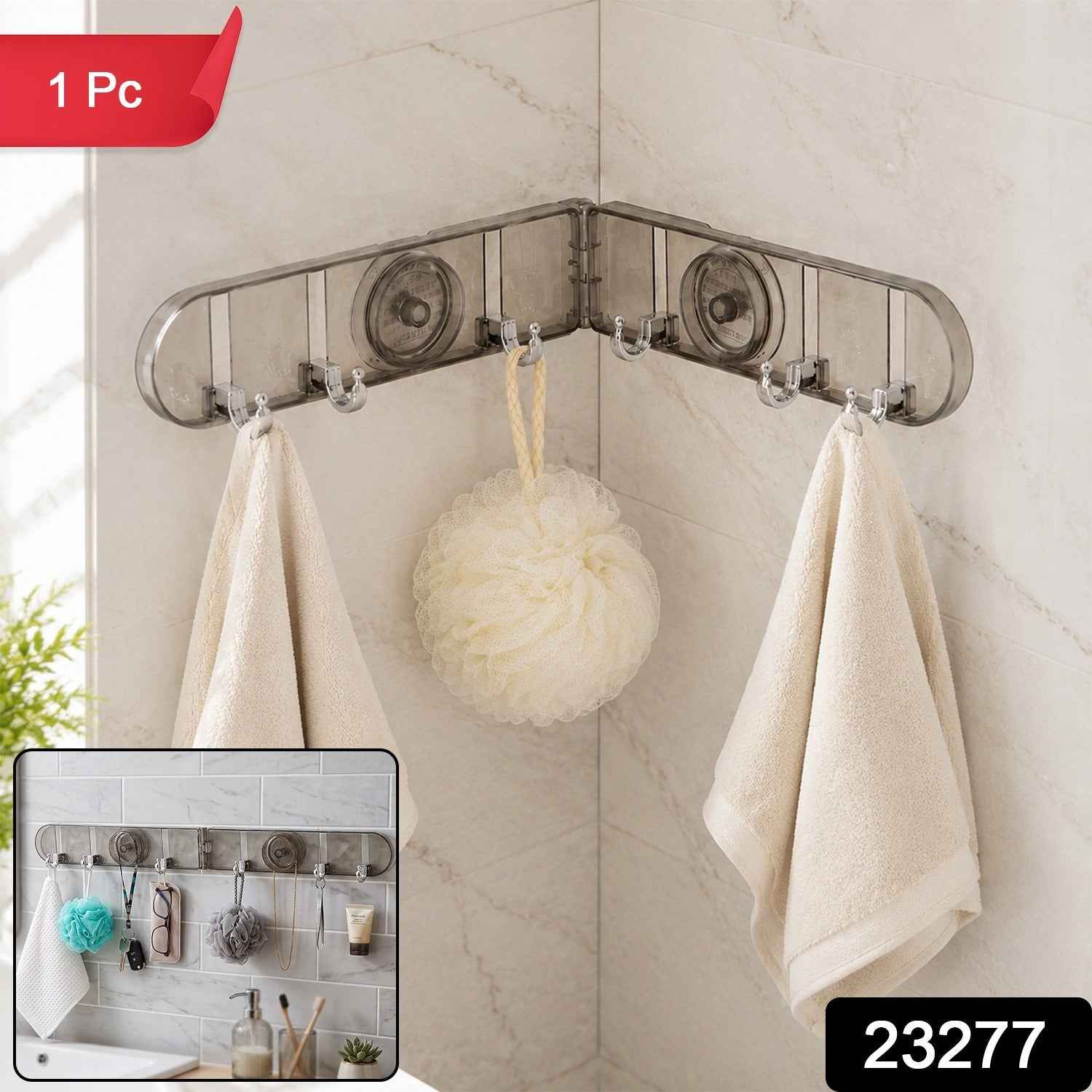 6 Hook Foldable Wall Rack with Suction Cup Mount for Bathroom Kitchen (1 Pc)