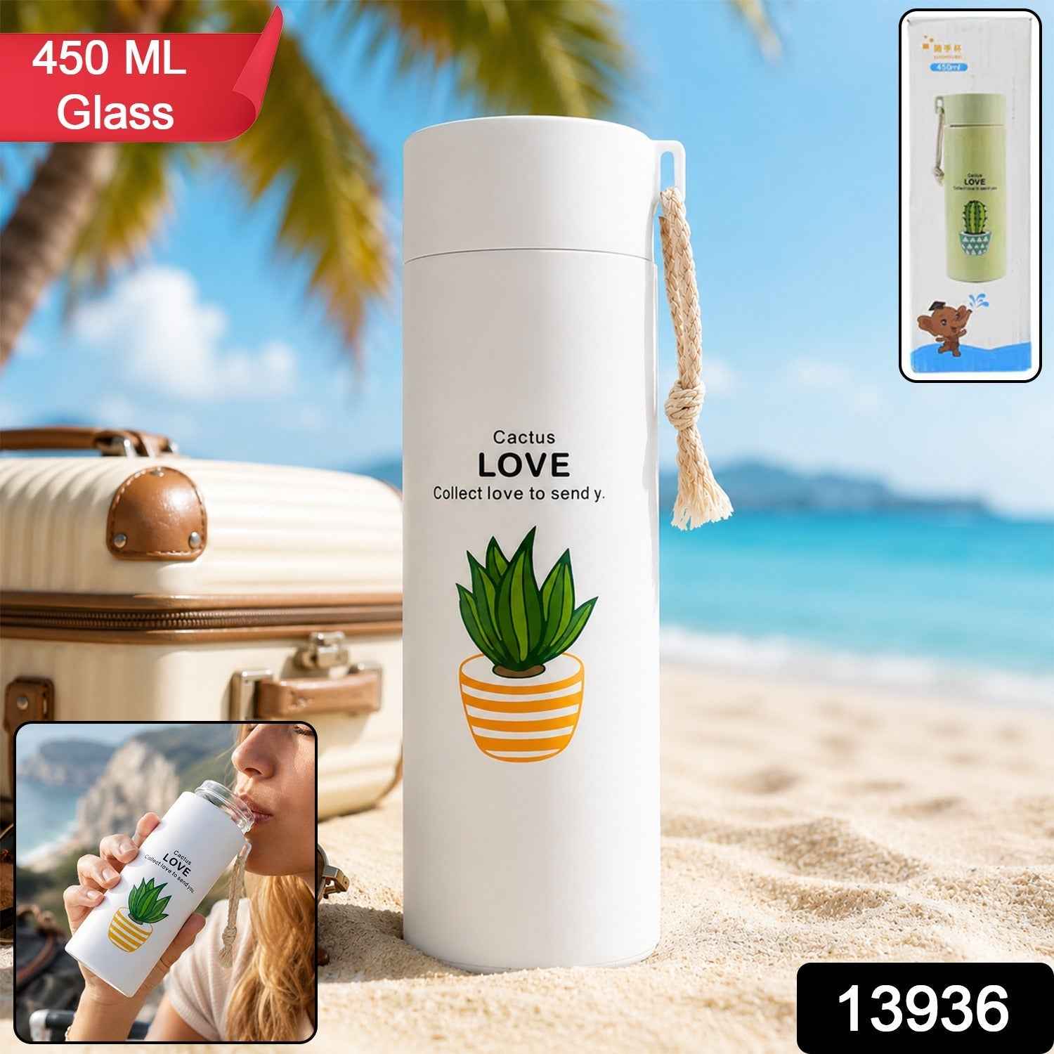 Glass Water Bottle – 450ml Borosilicate Leakproof with Bamboo Lid