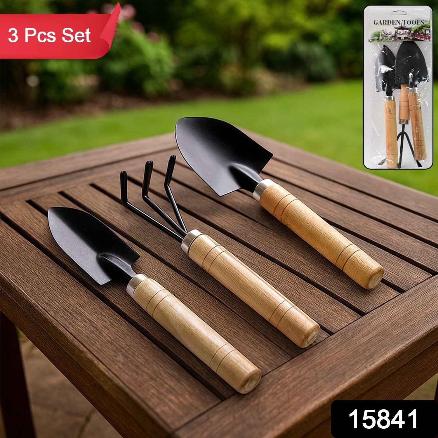 Garden Tool Kit – Durable 3-Piece Set with Wooden Handles