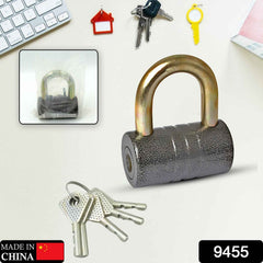 Side view of the robust black iron padlock, highlighting its sturdy construction.