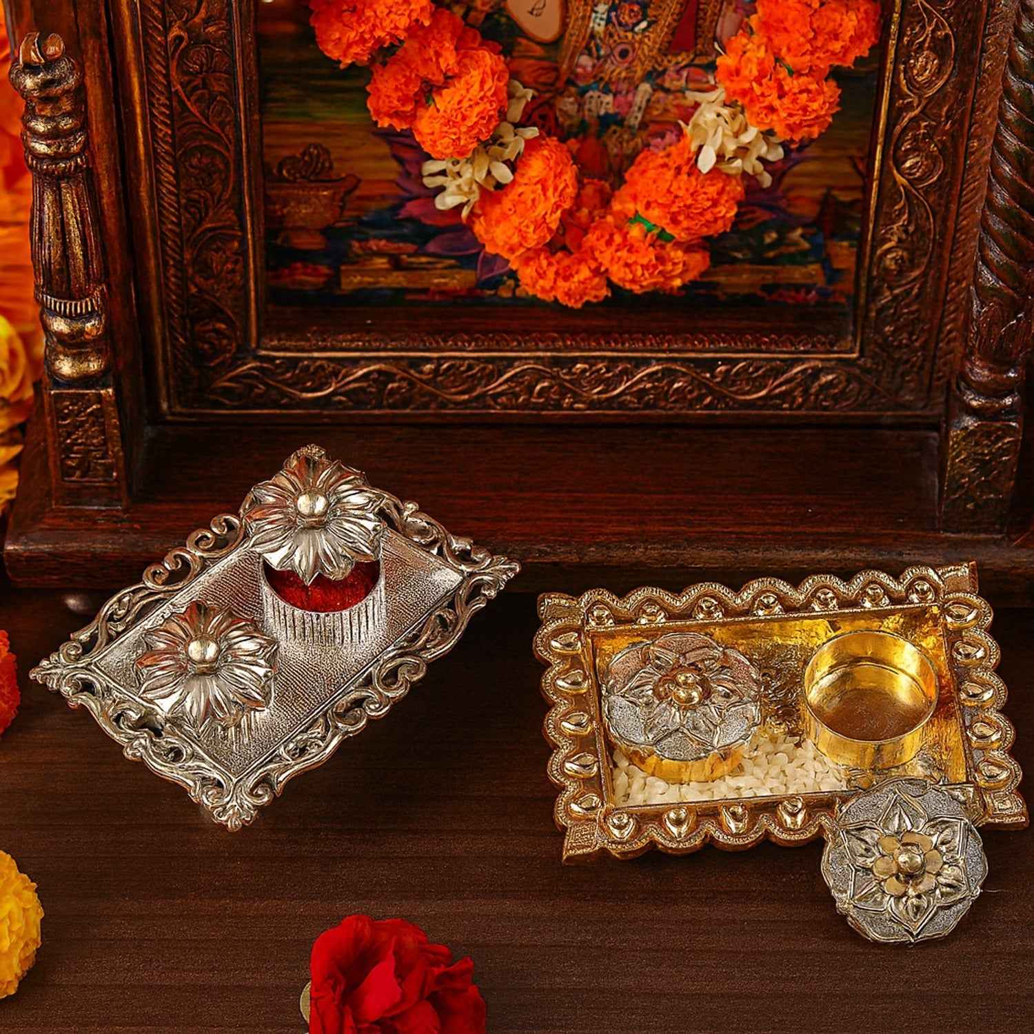 Rectangular Pooja Thali with Kumkum Box – Ornate Aarti Plate