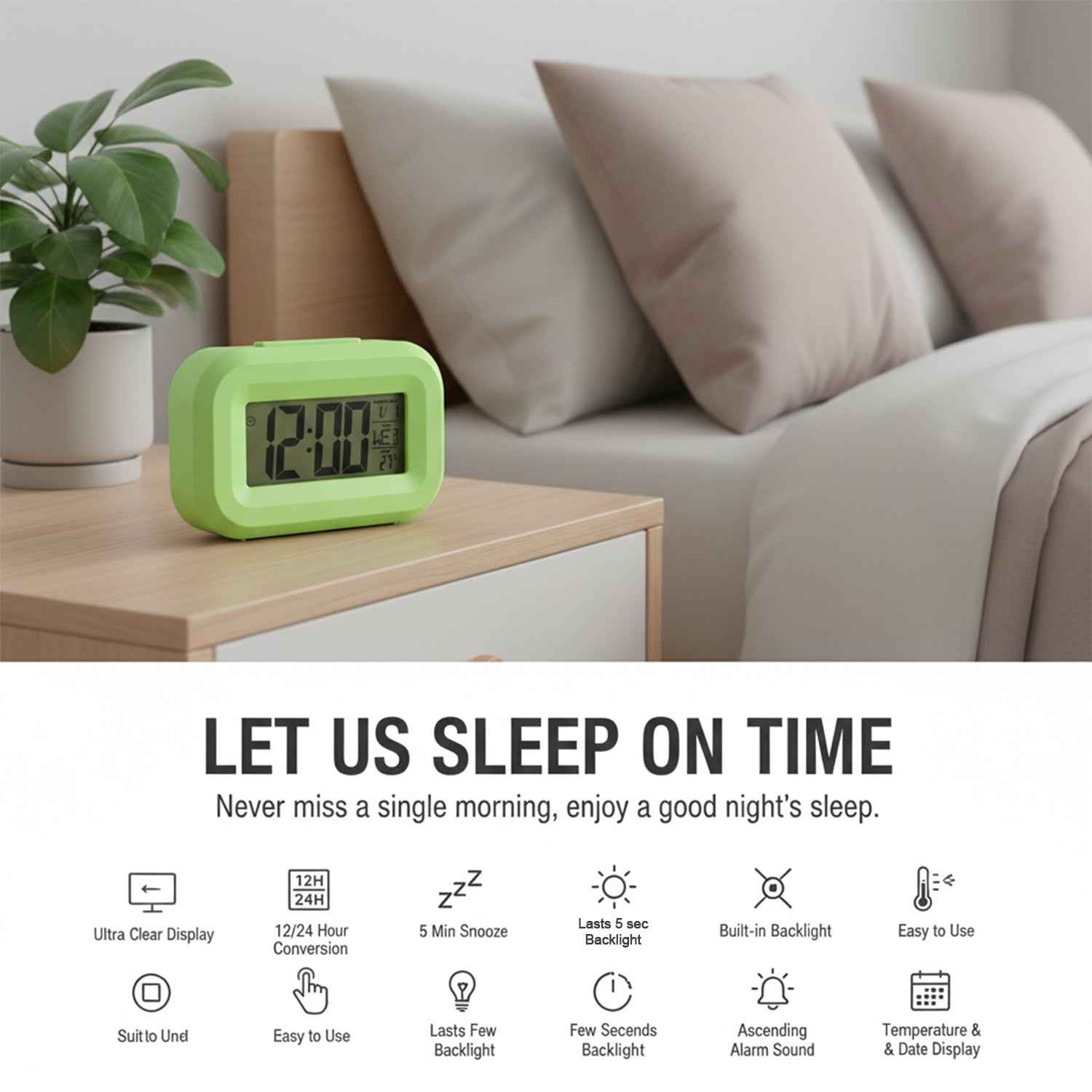Digital Alarm Clock – Clear Display with Date & Temperature