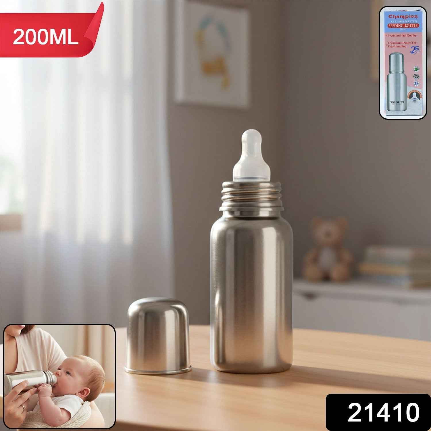 Stainless Steel Baby Feeding Bottle 200ml – Leakproof & Durable