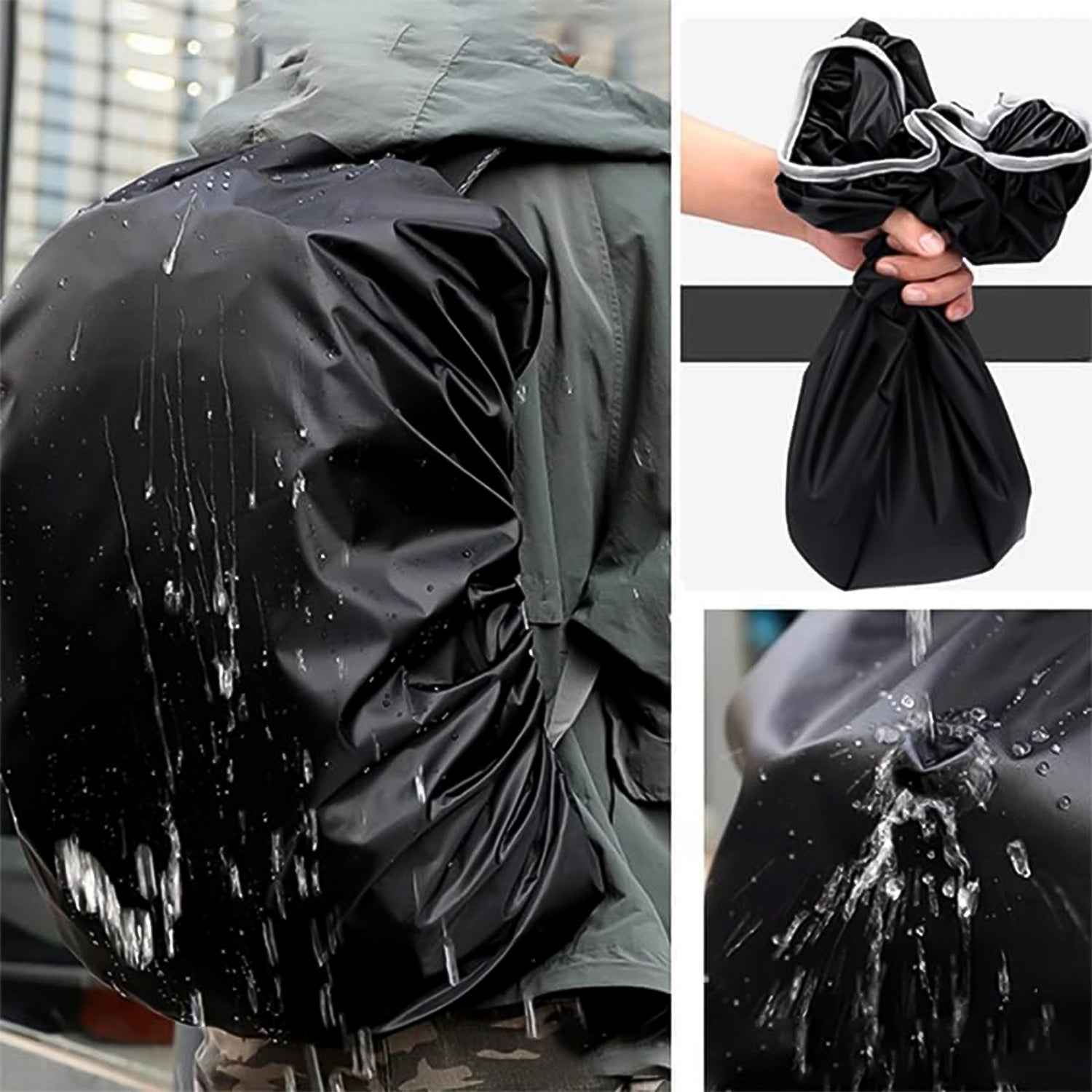 Adjustable elastic straps ensuring a snug and secure fit of the rain cover on a backpack.