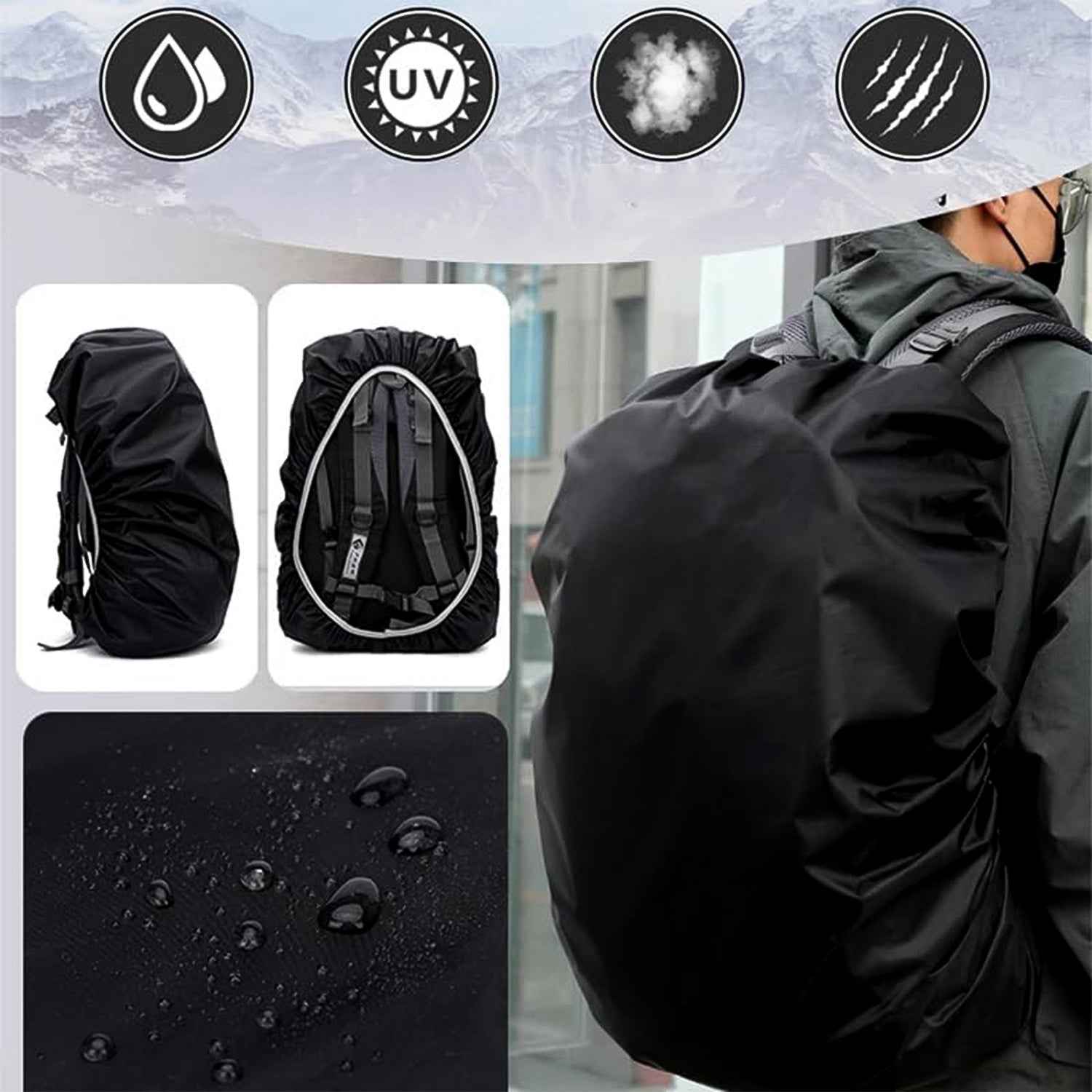 FERVENT rain cover demonstrating its versatile fit on different sizes of laptop bags and backpacks.
