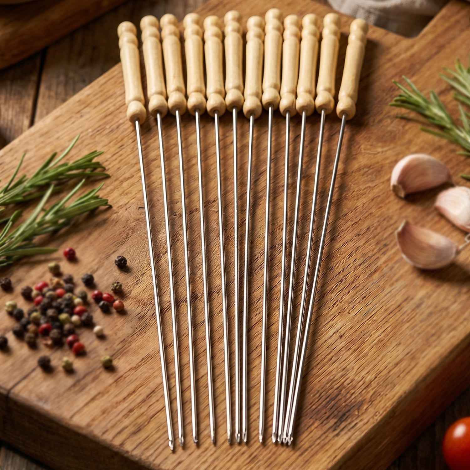 Stainless Steel BBQ Skewers Ð Reusable Grilling Sticks with Wooden Handle