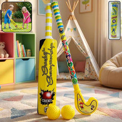 A vibrant Kids Bat Ball Hockey Combo set, featuring a plastic bat, ball, and hockey stick.
