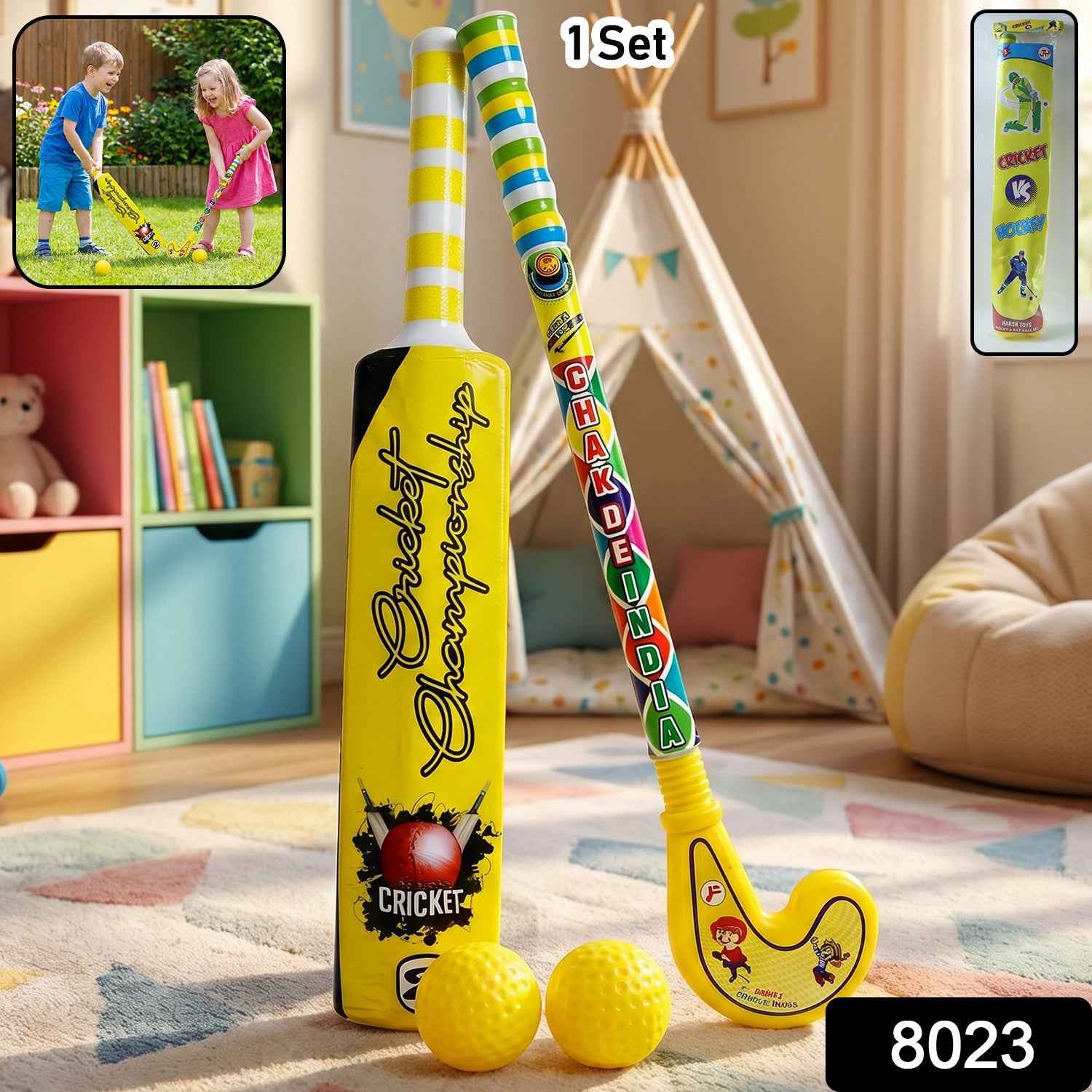 Close-up of the lightweight plastic bat and ball from the Kids Bat Ball Hockey Combo.