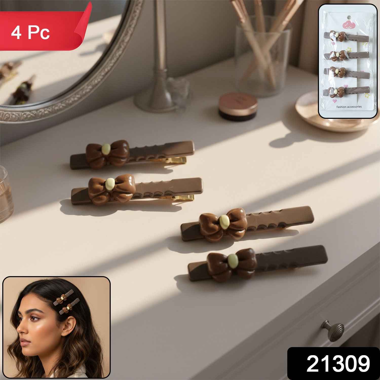 Bow Design Decorative Hair Clips Set – Elegant Snap Clips (4 Pc)