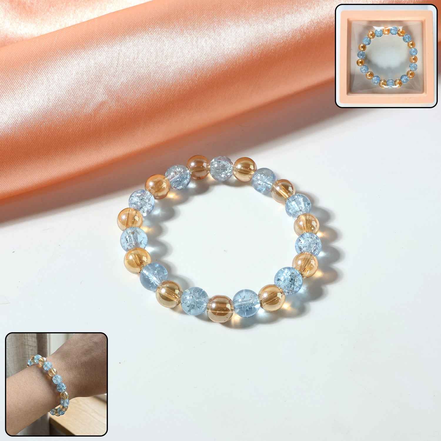 Dual-Tone Crystal Beaded Stretch Bracelet – Elegant Slip-On Design
