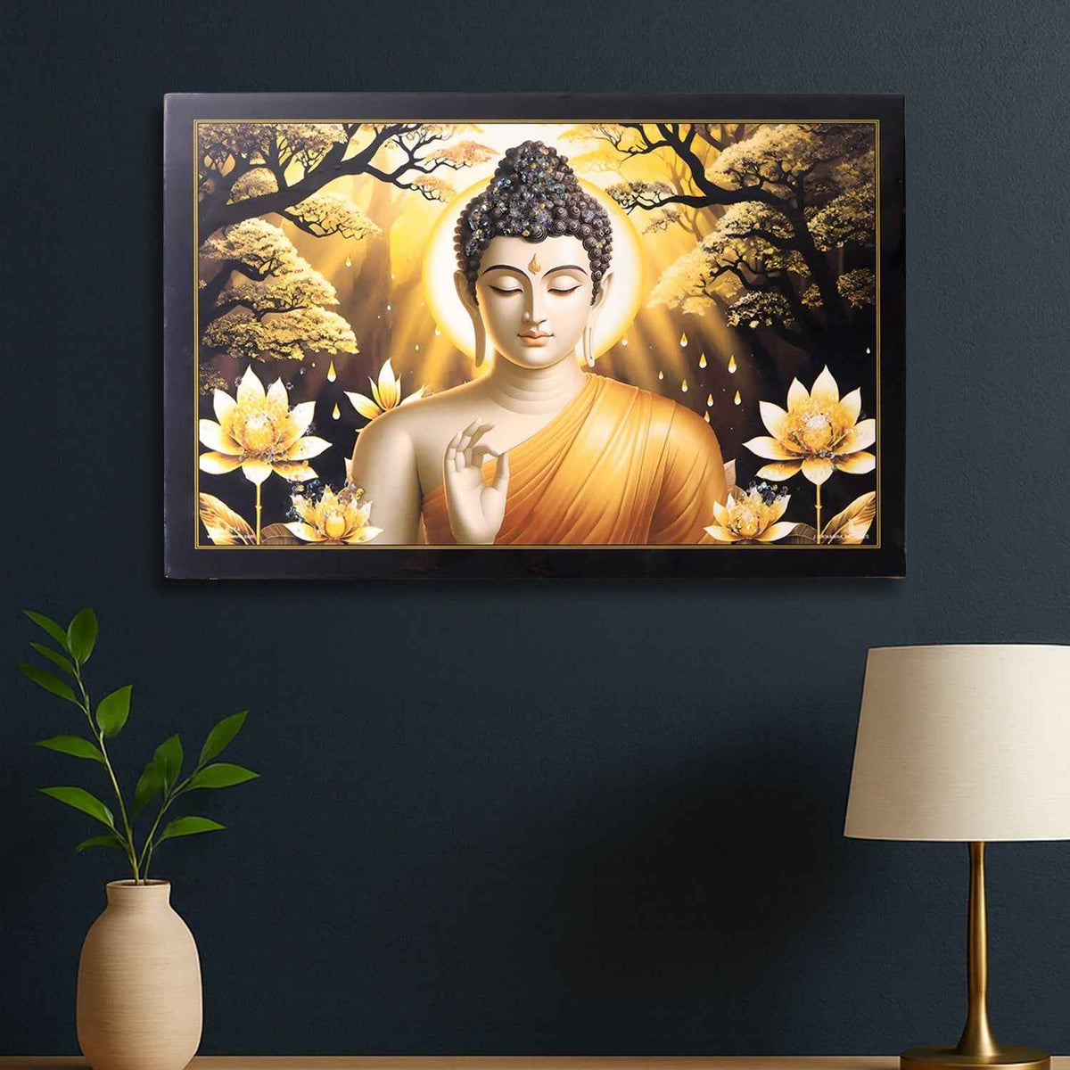 Lord Buddha Wall Painting – Spiritual Decor with Wooden Frame
