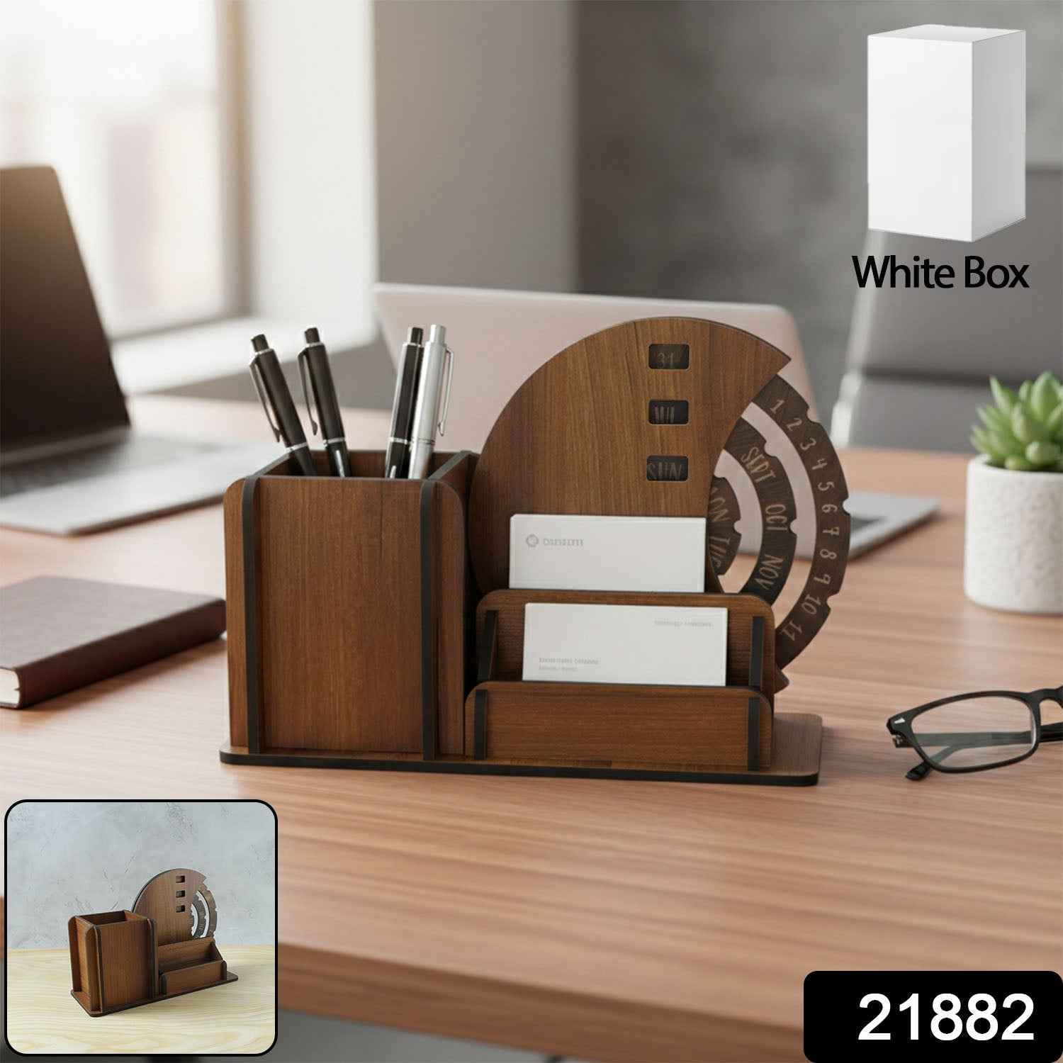 Wooden Desk Organizer with Rotating Calendar for Office