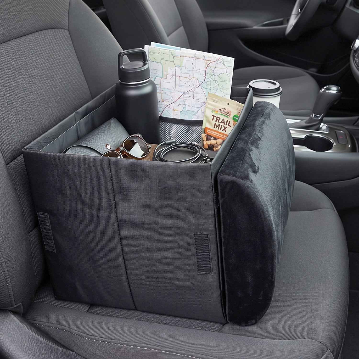 Foldable Car Organizer Box, Front Seat Storage with Fold-Out Armrest Cushion (1 Pc)
