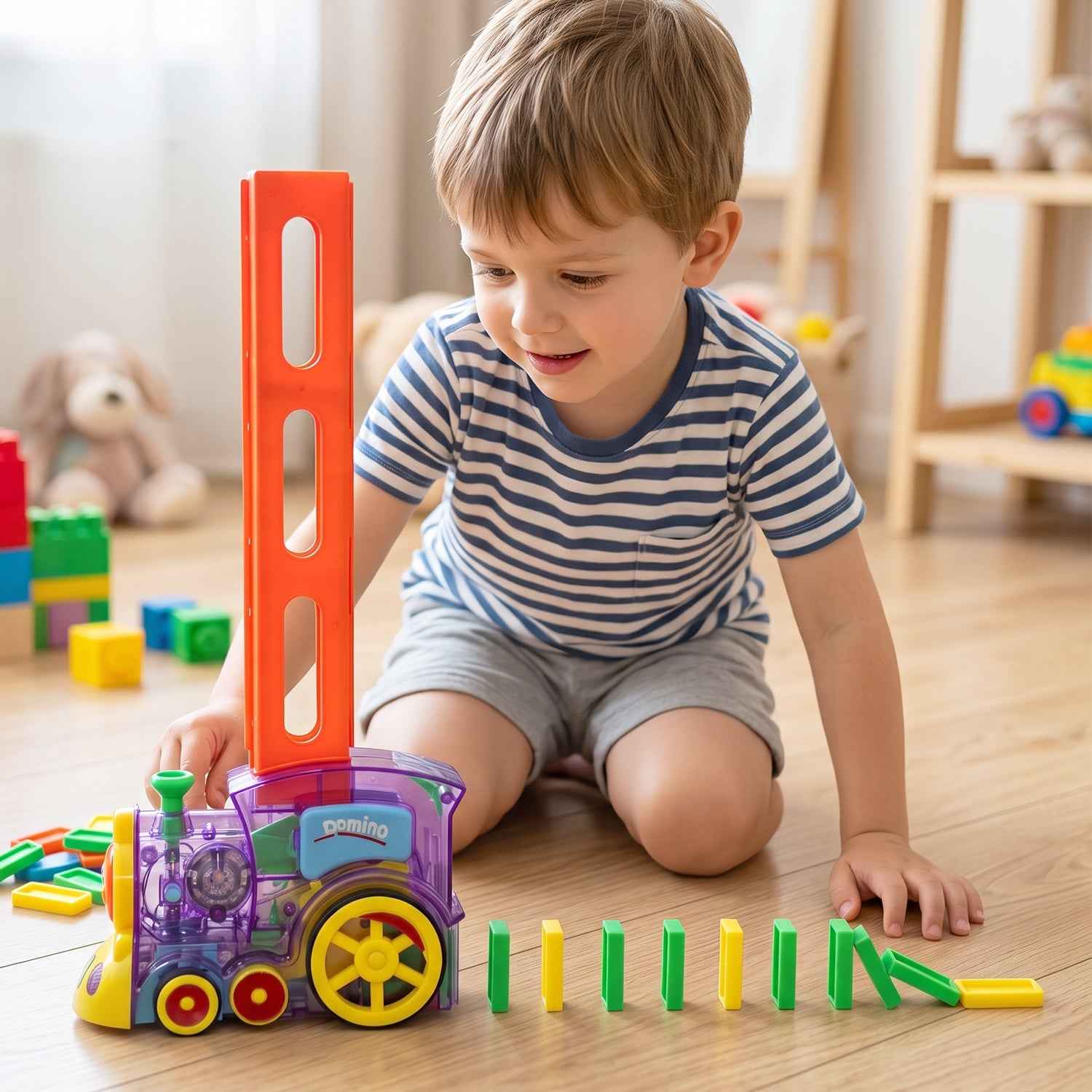 Automatic Domino Laying Train Engine Toy with Light and Music for K...