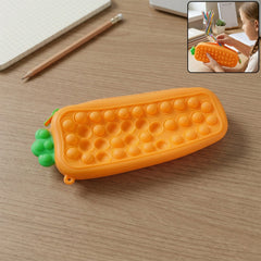 Carrot-shaped Pop It silicone pencil pouch with textured bubbles