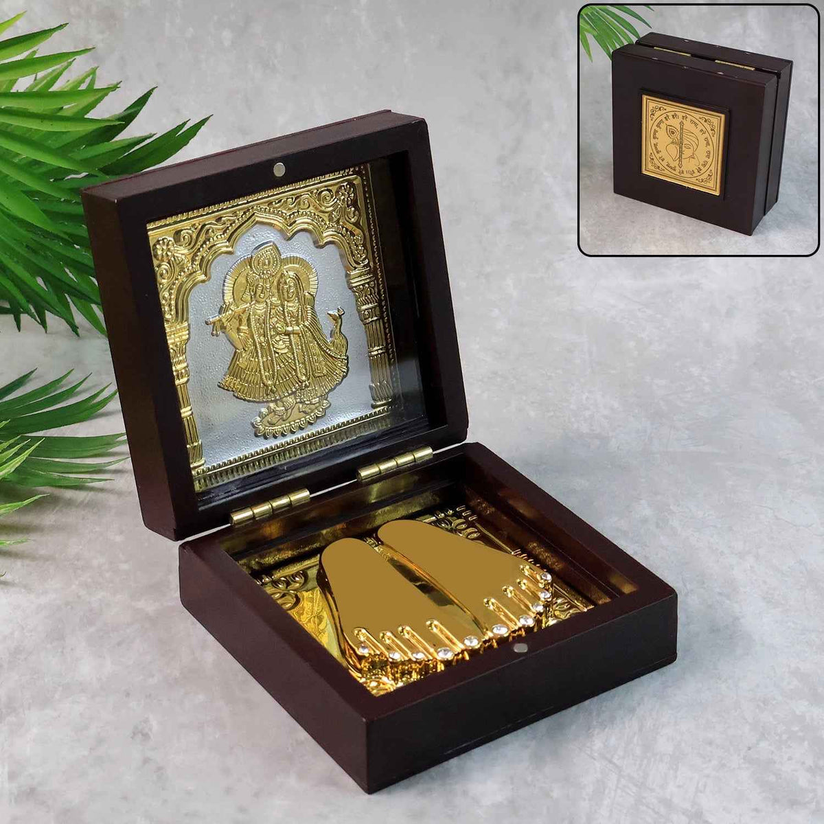 Charan Paduka Gold Finish in Wooden Box – Elegant Pooja Gift