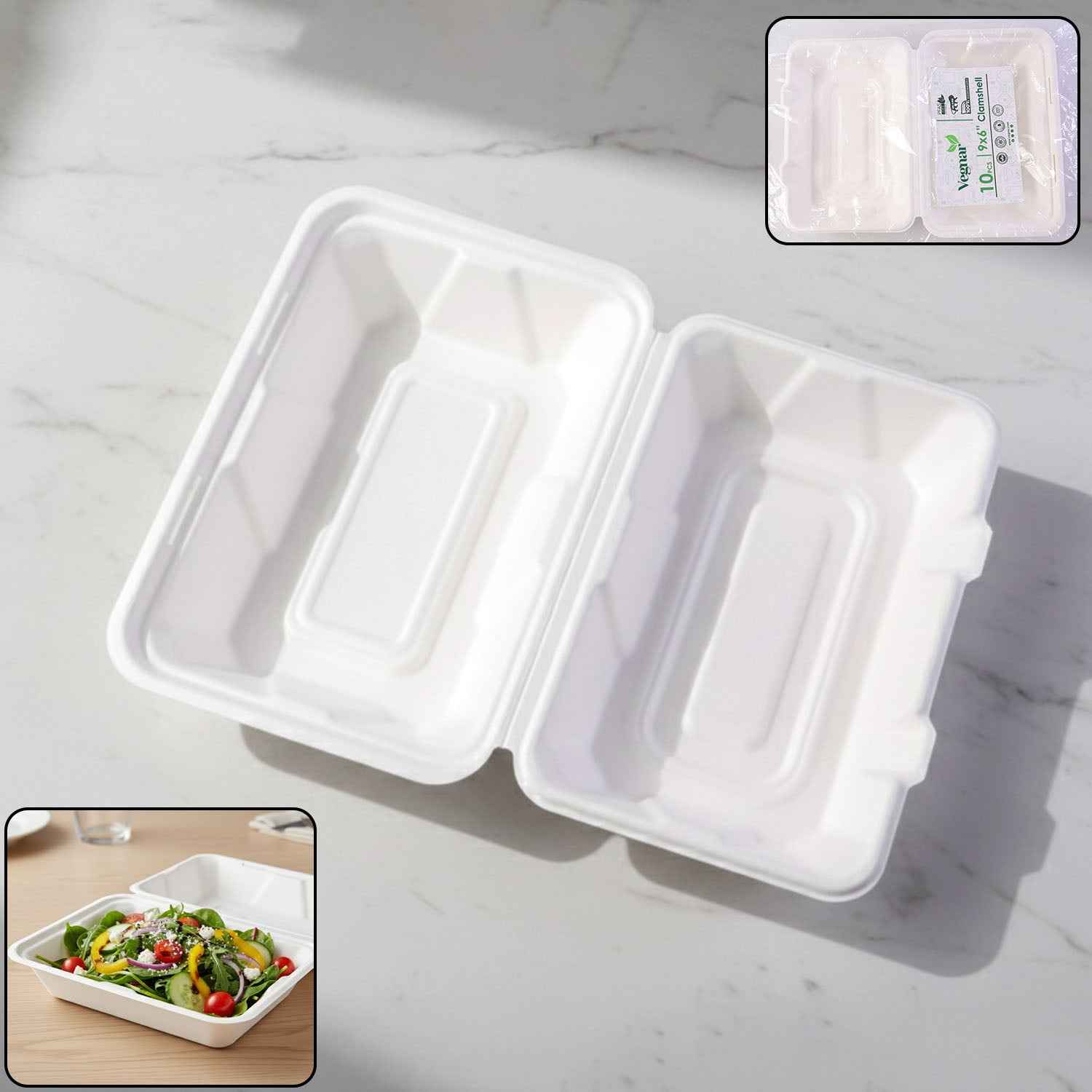 Bagasse Clamshell Food Box – Eco-Friendly 9x6 Inch Disposable Set