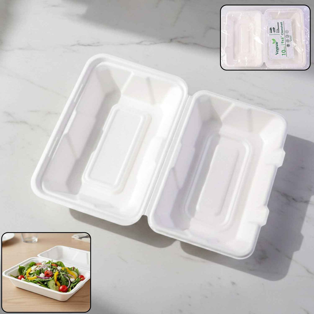 Bagasse Clamshell Food Box – Eco-Friendly 9x6 Inch Disposable Set